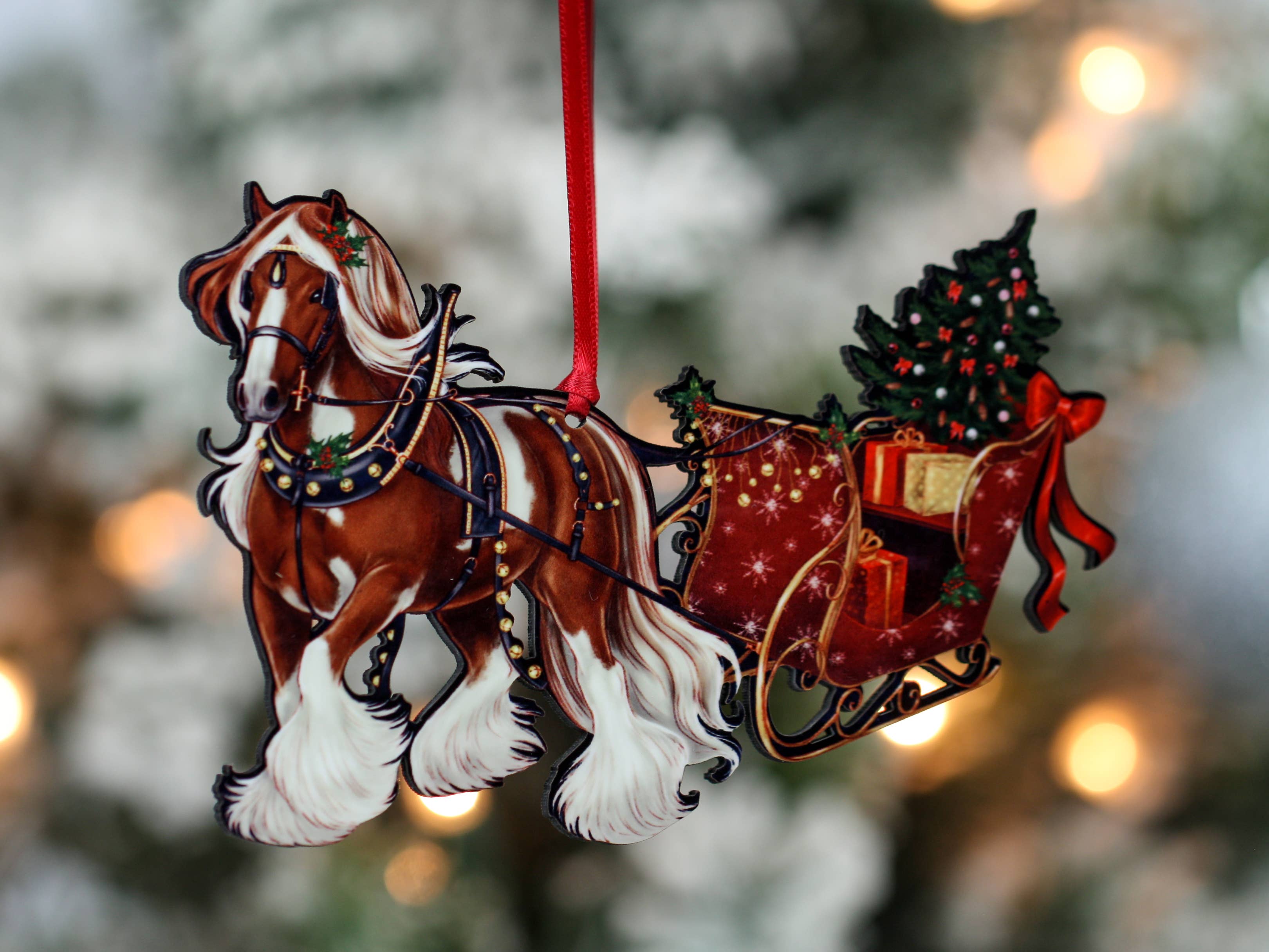 Classy Equine - Wholesale Ornament - Chestnut Tobiano Gypsy Cob Horse Sleigh Christmas Ornament0