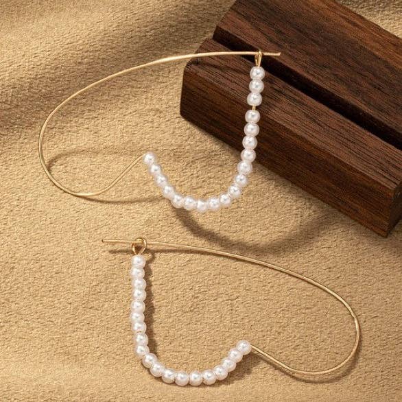 Gold Brass wire heart shape hoop earrings with pearls for wholesale on Faire