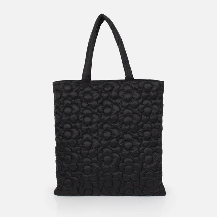 Black quilted nylon tote bag with embroidered flowers - BG253B019BK for wholesale by Bizou