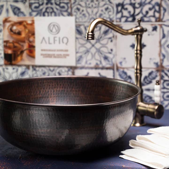 ALFIQ Copper - Wholesale Kitchen Appliance - Luxurious Hammered Copper Kitchen Vessel & Drop-in Sink | Single Bowl Solid Copper Washbasin Vanity Vessel *Drain Cap Included*2
