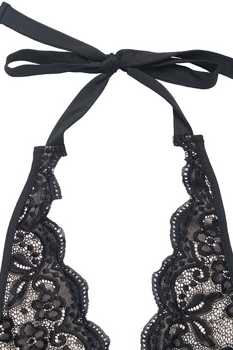 BLACK CWSBS0204_SEXY LACE HALTER V-NECK BODYSUIT for wholesale on Faire6