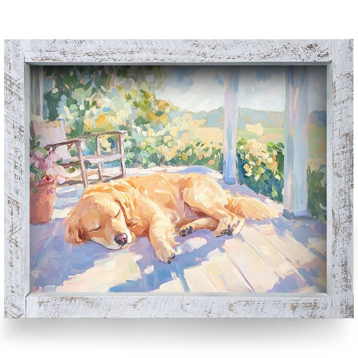Golden Porch Nap | Real Wood Framed Wall Art Print | Horizontal for wholesale by Mill Wood Art