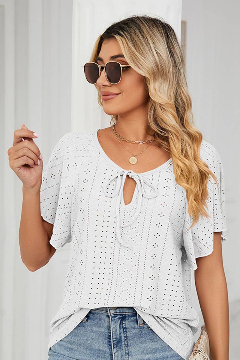 Lily Clothing - Wholesale Blouse - Women's - CWTTS0472_V NECK PUNCHING LACE UP RUFFLE LOOSE TOP2