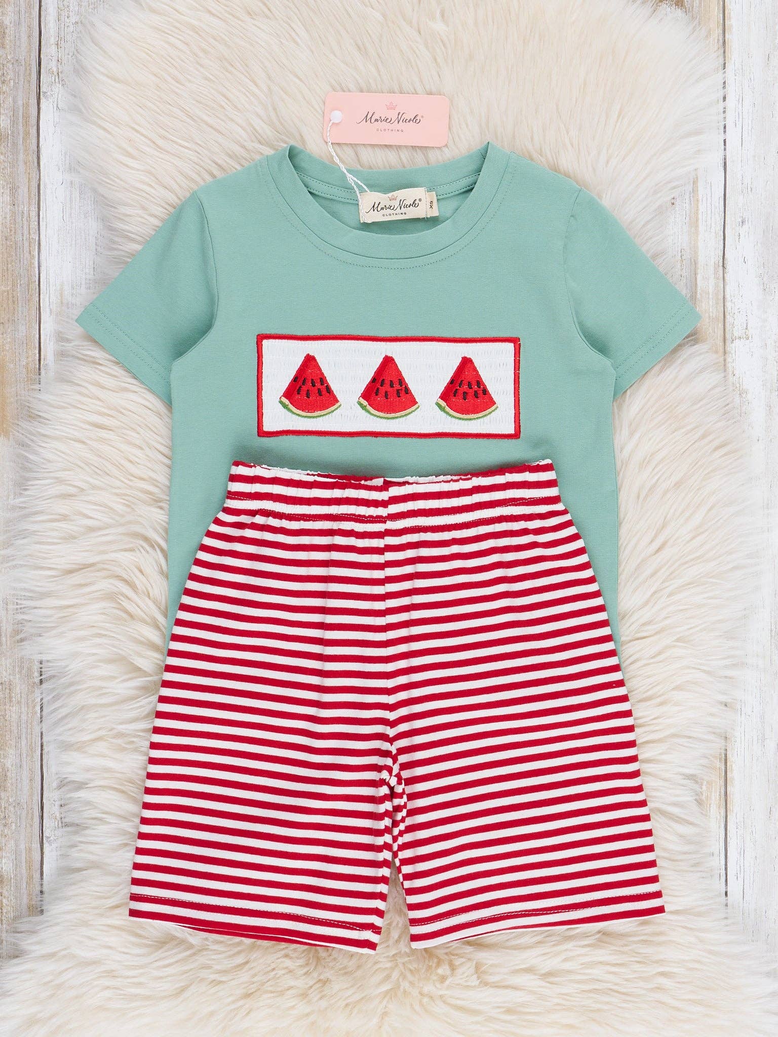 Marie Nicole Clothing - Wholesale Top & Short Set - Kids - Watermelon Stripes Smocked Outfit1