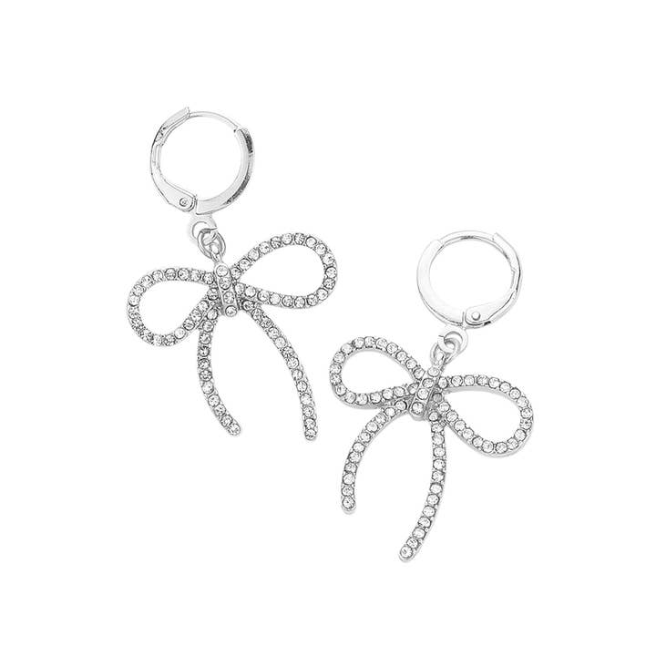 Sensibling Corp. - Wholesale Huggie Earrings - Stone Paved Bow Dangle Huggie Earrings