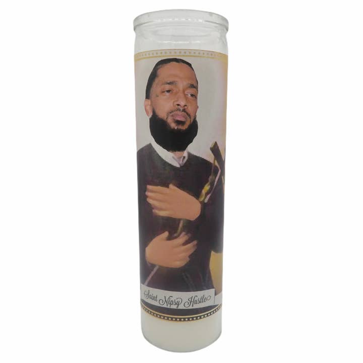 Nipsy Hustle Devotional Prayer Saint Candle for wholesale by The Luminary and Co.