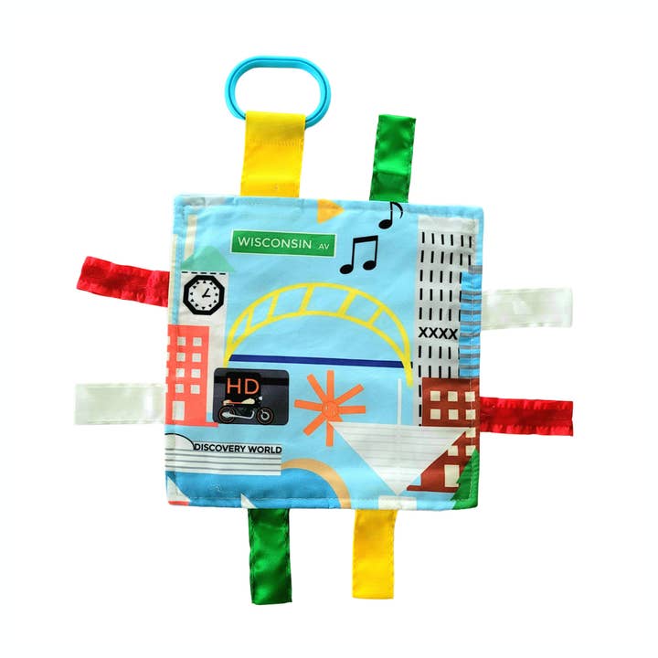 Milwaukee Wisconsin City Stroller Tag Crinkle Toy 8" x 8" for wholesale by Baby Jack and Company