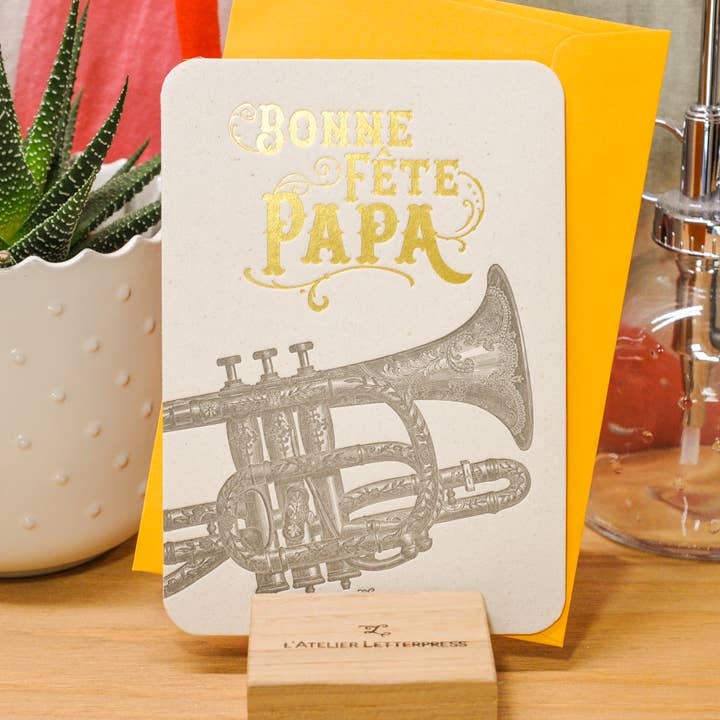 Letterpress Card Happy Father’s Day Trumpet (with envelope) for wholesale by L'Atelier Letterpress