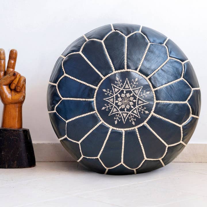 Moroccan Unstuffed Ottoman leather pouf / Petroleum Blue for wholesale by MARRAKECH METACRAFT LTD
