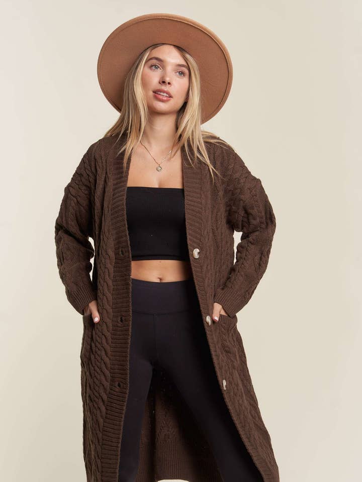 LESW3450A - CABLE KNIT LONG SWEATER CARDIGAN for wholesale by Madelyn