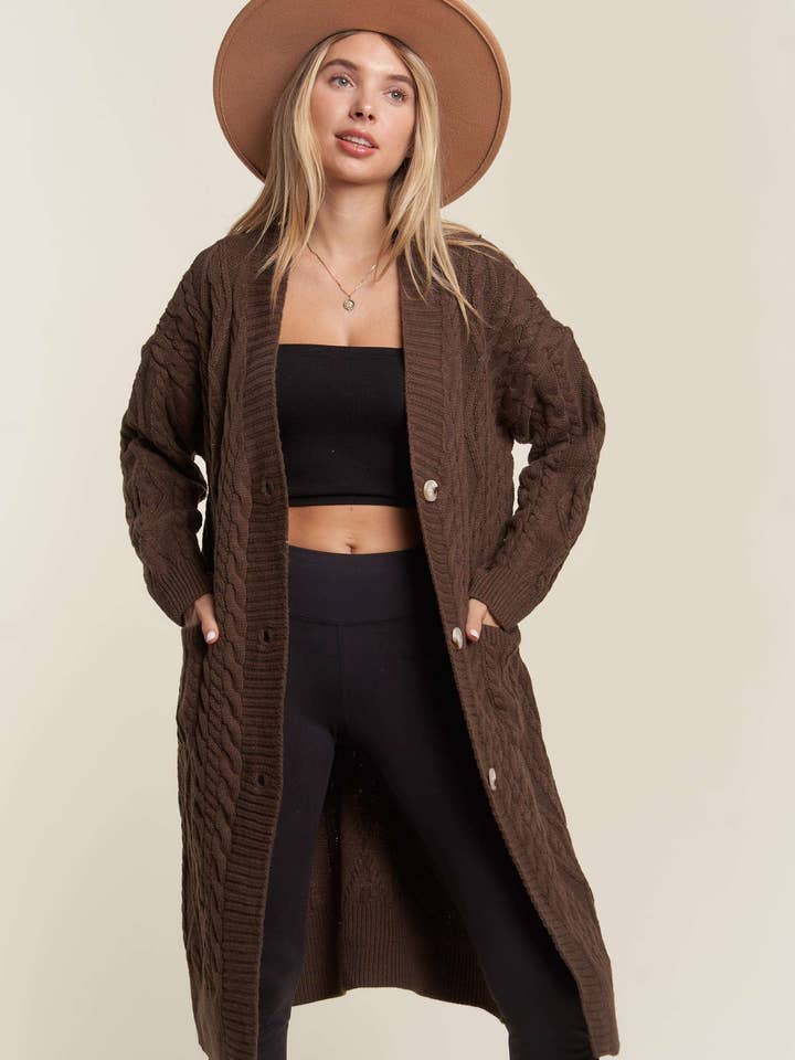 LESW3450A - CABLE KNIT LONG SWEATER CARDIGAN for wholesale by Madelyn