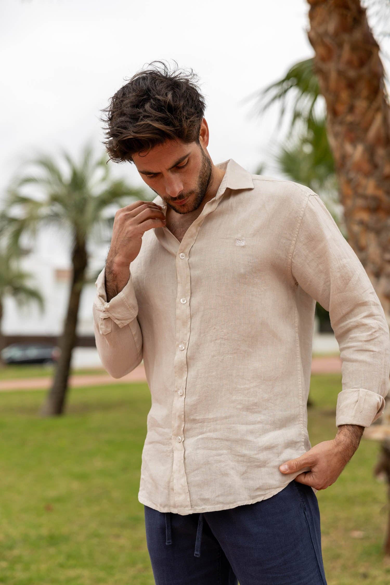 Custi Mikelo: Made in Spain - Wholesale Button Down Shirt - Men's - Beige Linen Shirt | Lanzarote1