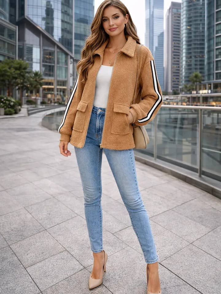 Giacca corta in bouclé teddy con colletto e tasche con zip a righe italiane. per la vendita all'ingrosso da parte di Miss Bold