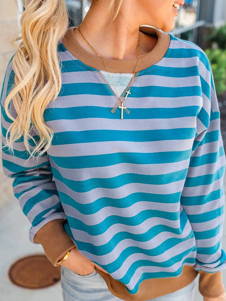 Sky Blue Stripe Contrast Color Ribbed Trim Round Neck Drop Shoulder Sweatshirt for wholesale by Lovesoft