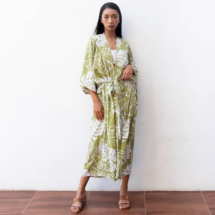 Tie Dye Kimono Cover Up (Green Monstera) - Bikini Beach Robe for wholesale by Bali Harvest