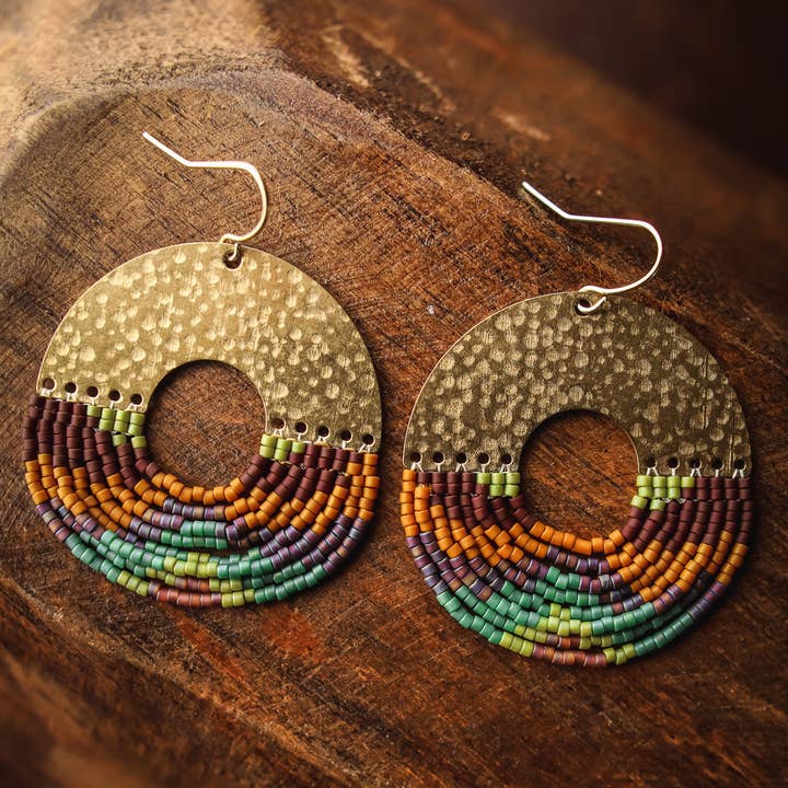 Mayana Designs Co - Wholesale Dangle Earrings - Beaded Handwoven Organic Circular Fringe Earrings (Green)
