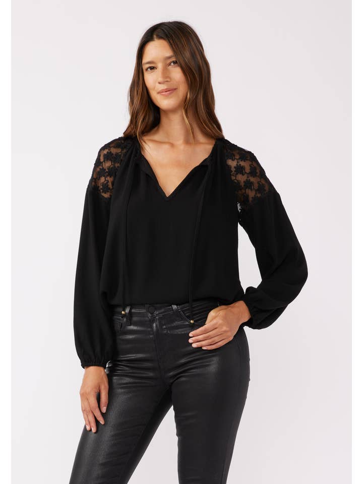 Lovestitch - Wholesale Blouse - Women's - Embroidered Mesh Long Sleeve Tie Neck Blouse