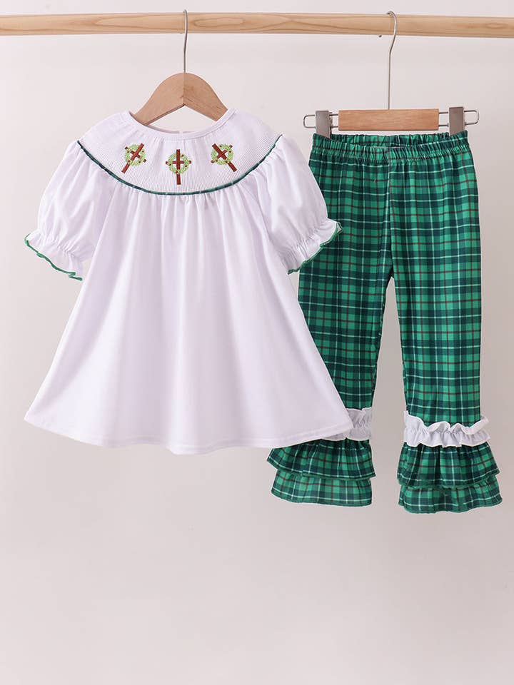 Conjunto de pantalones con volantes y corona blanca ahumada para venta al por mayor de Aspen Rain Boutique