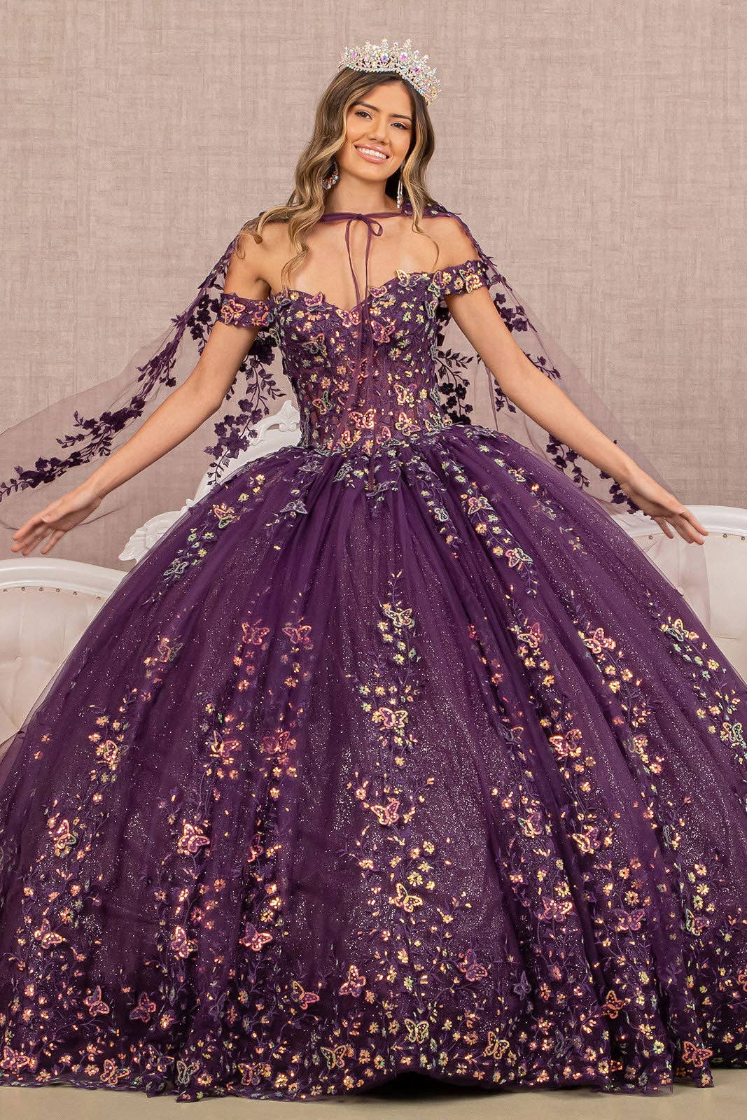PURPLE 3D Butterfly Sheer Bodice w/ Long Mesh Cape Quinceanera Dress GLGL3171 for wholesale on Faire