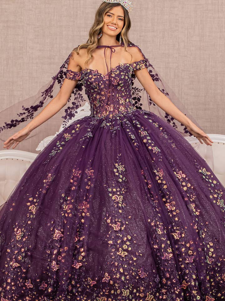 3D Butterfly Sheer Bodice w/ Long Mesh Cape Quinceanera Dress GLGL3171 for wholesale by SMC Fashion