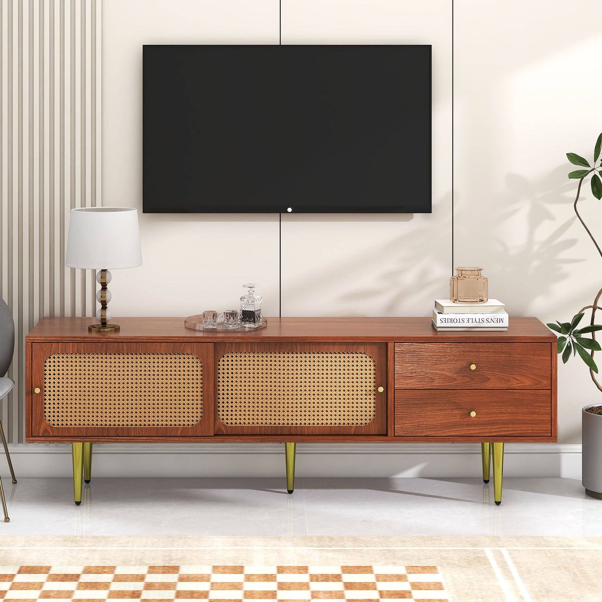 Urban Meuble - Wholesale Console Table - Dark wood effect rattan TV stand with 2 sliding doors, 2 drawers, and gold legs IZEID1