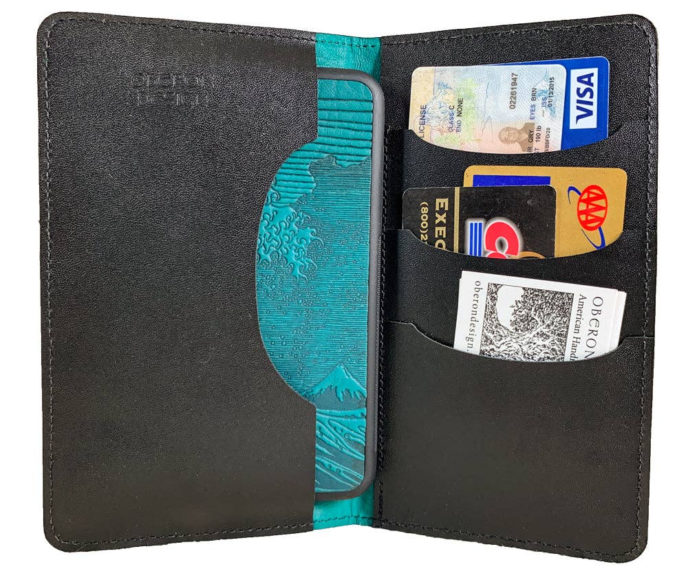 Oberon Design - Wholesale Phone Wallet - Unisex - Large Leather Smartphone Wallet - Hokusai Wave2