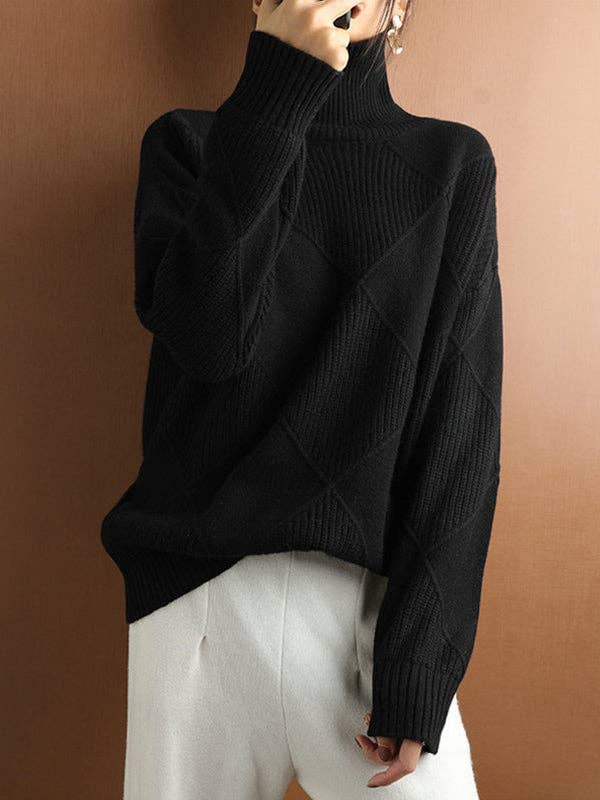 ShieldChic - Wholesale Knit Sweater - Women's - Loose Jacquard Solid Color High-Neck Sweater Tops13