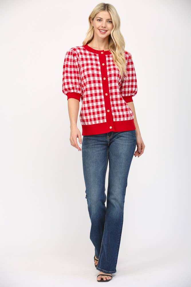 ROSSO/BIANCO CARDIGAN CORTO A FANTASIA GINGHAM CON BORDI A ONDA FW10334 in vendita all'ingrosso su Faire6