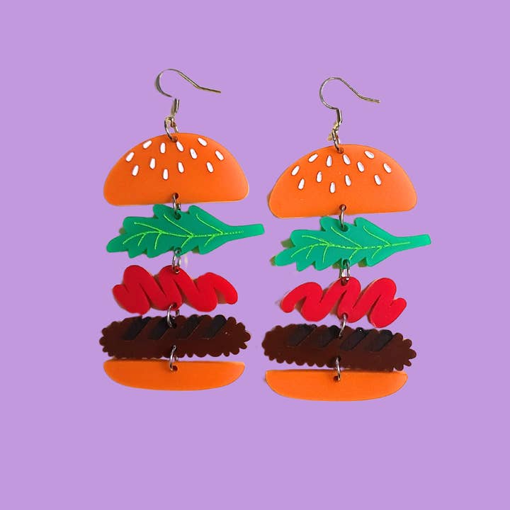 Burger - Laser Cut Acrylic Statement Earrings for wholesale by Mini Kitty Designs