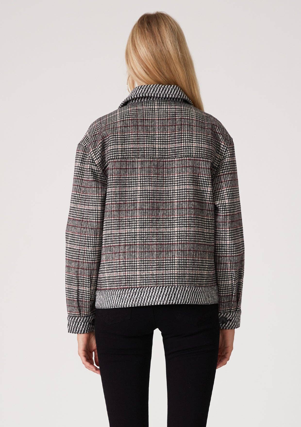 Wine Blk Patchwork Plaid Button Front Collared Jacket for wholesale on Faire2