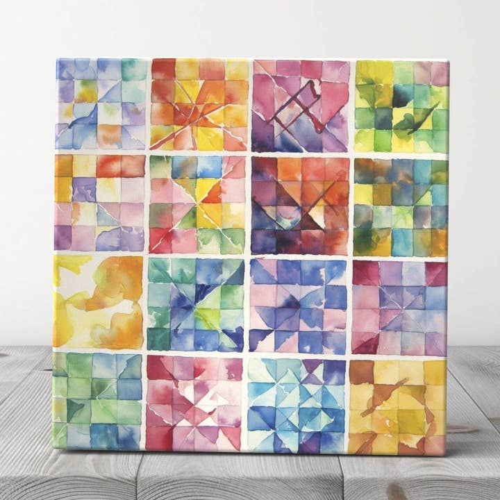 Vibrant Watercolor Quilt Pattern Ceramic Tile - Handcrafted Artistic Home Accent for wholesale by Peeping Tom's Cottage