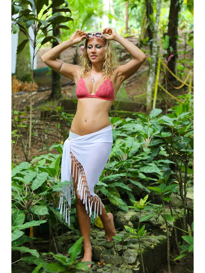 1 World Sarongs - Wholesale Swim Cover Up - Women's - Triangular Sheer Sarong with Fringed with Shells in White9