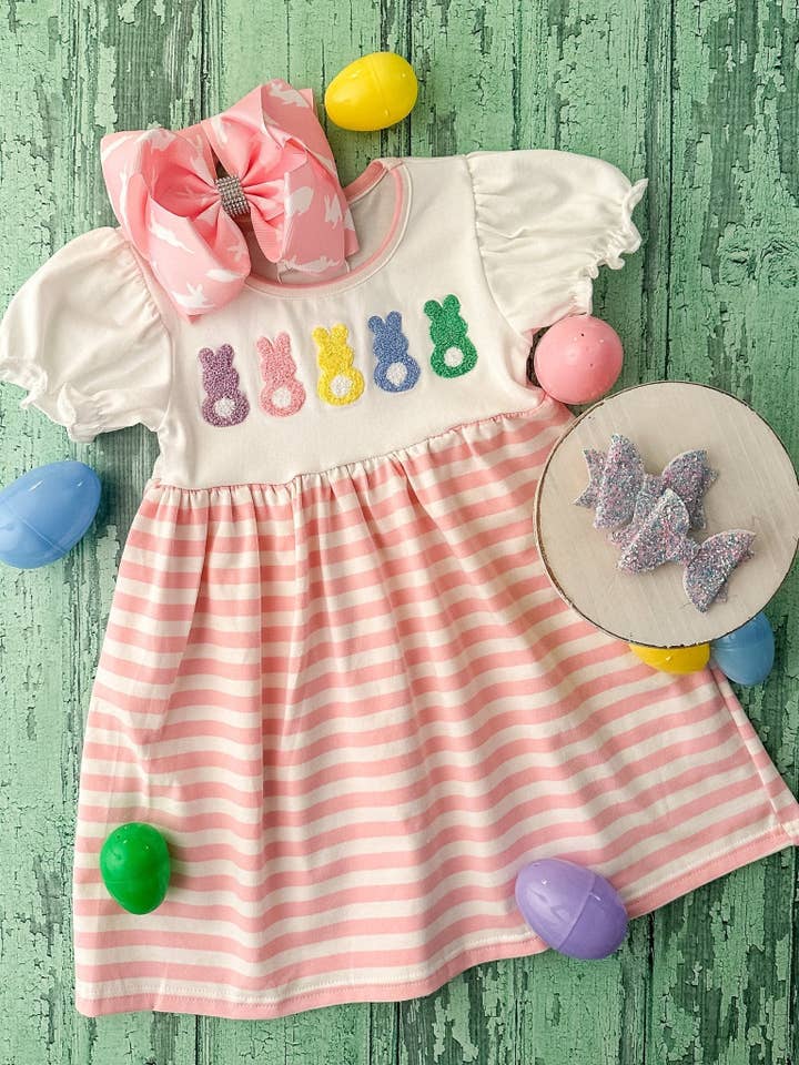 Bunnies & Pink Stripes Dress for wholesale by The Hair Bow Company