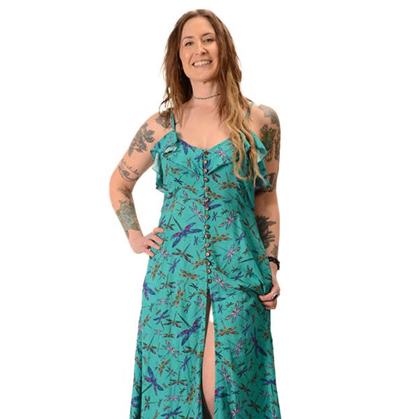 Dragonfly Rayon Print Button Up Sundress for wholesale by Gypsy Rose