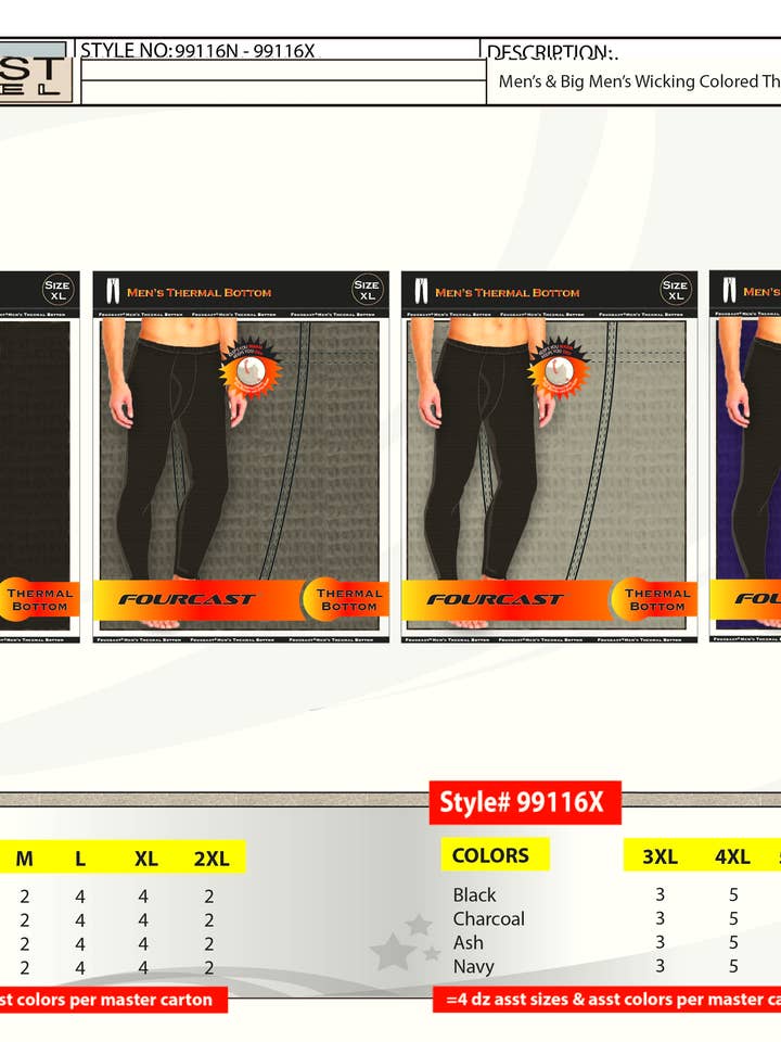 Big mens colored thermal bottoms for wholesale by Ten West Apparel