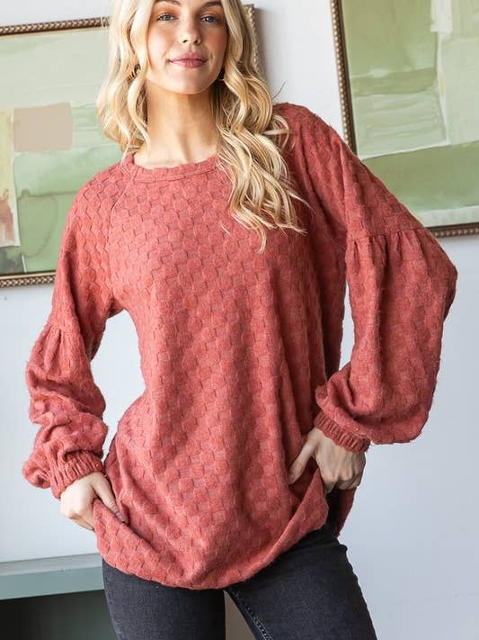 HEIMISH - Wholesale Blouse - Women's - ET7703-10 SOLID BRUSHED CHECKERED JACQUARD KNIT TOP