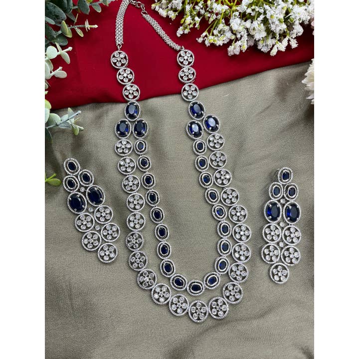 Saphirblaues amerikanisches Diamant-Silber-Braut-Halsband für den Großhandel von Vastrabhushan