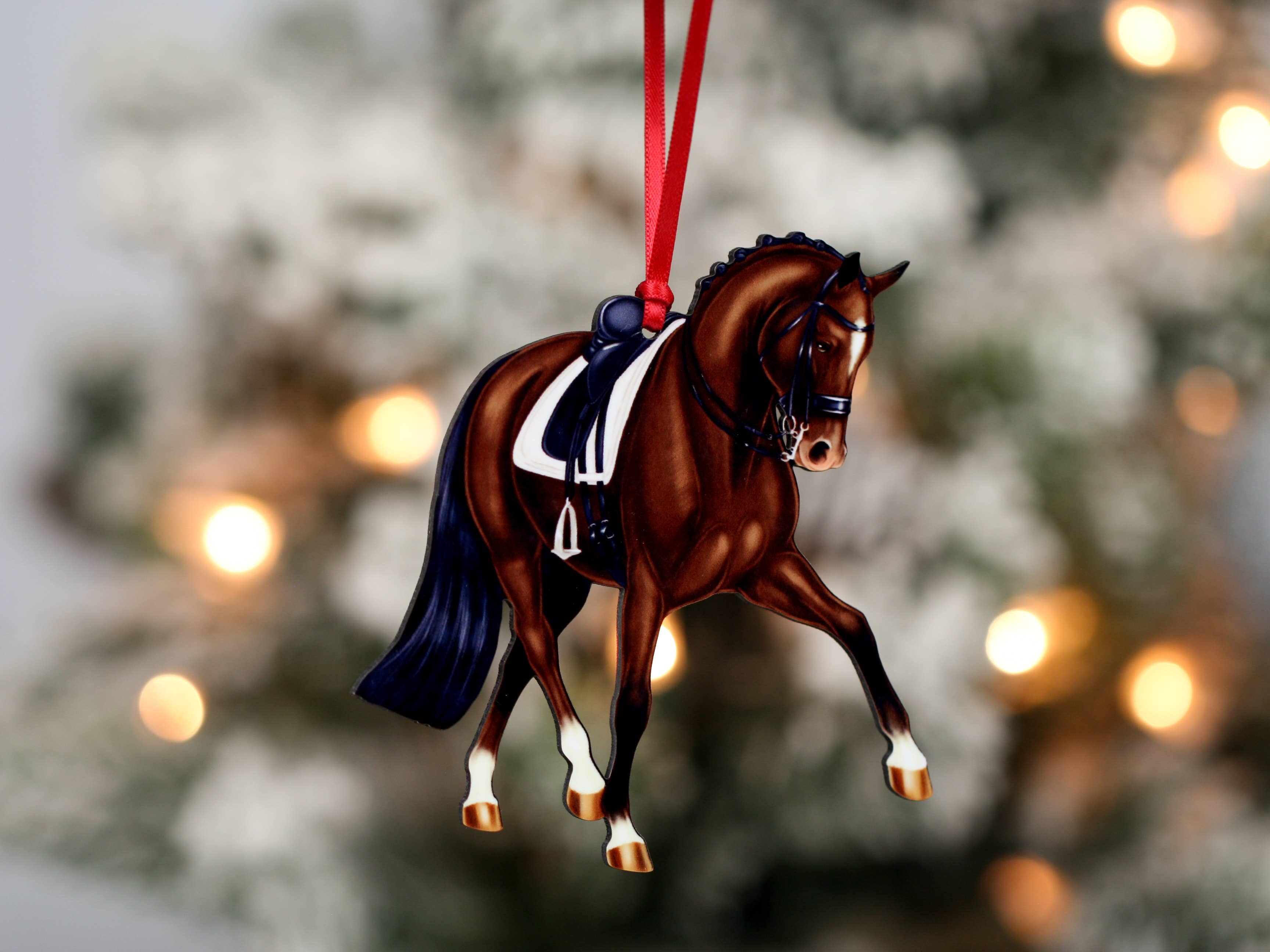 Classy Equine – wholesale Ornament – Dressage Horse Christmas Ornament -  Bay Half Pass Dressage6