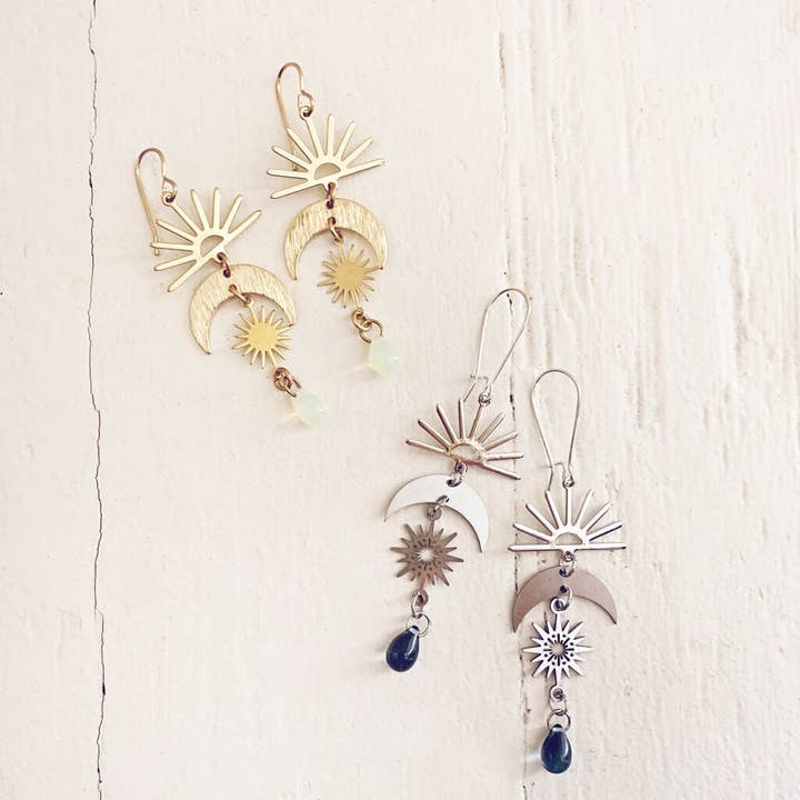 here comes the sun / sun moon & beach glass dangle earrings for wholesale by Peacock & Lime