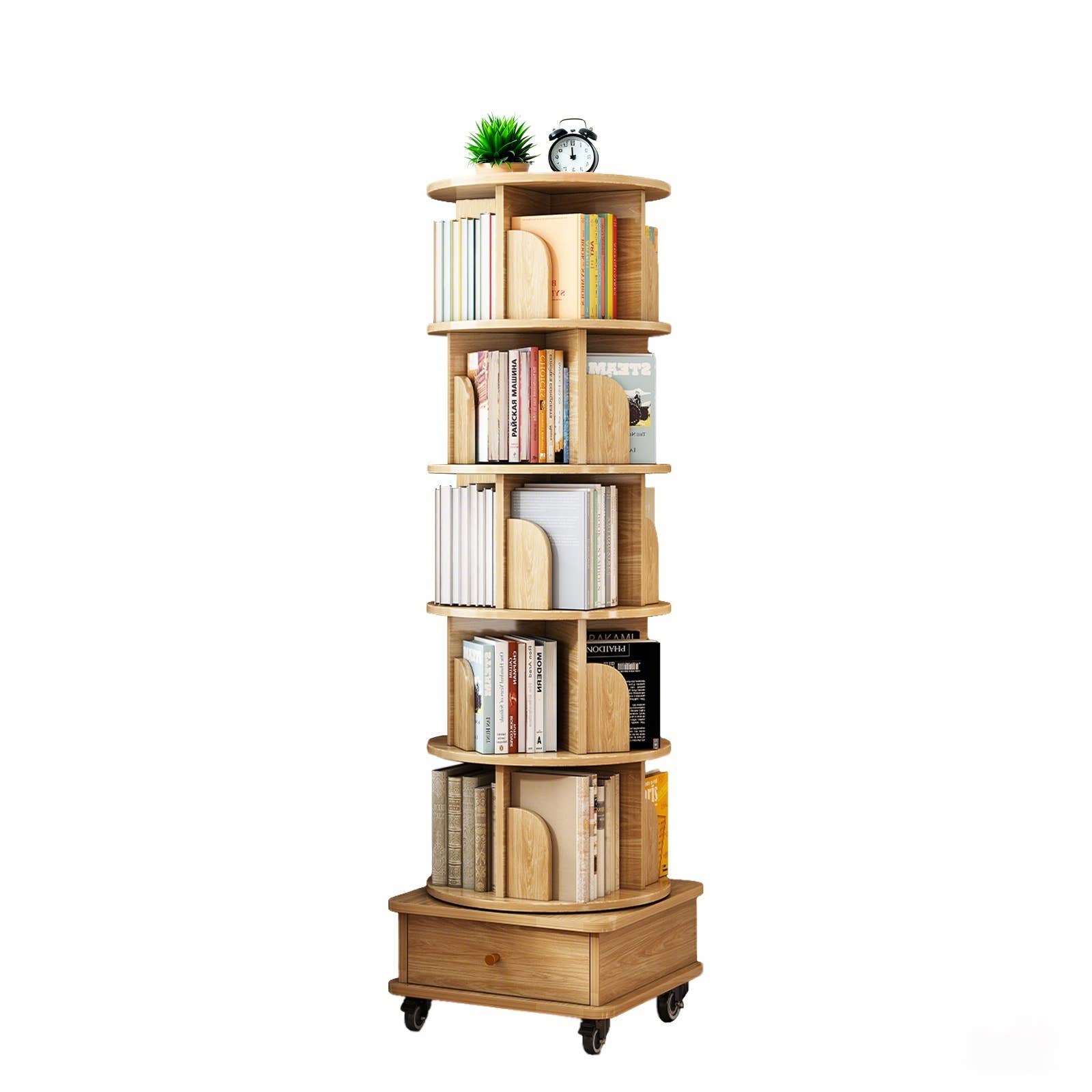 39F Inc. - Wholesale Bookcase - 5/6-Tier 360° Rotating Bookshelf with Drawer, White/Wood22
