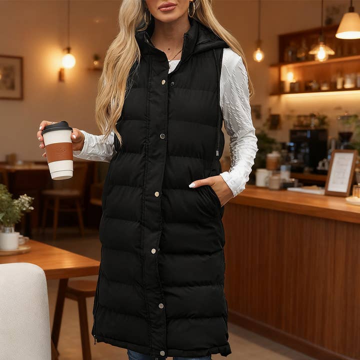 Lily Clothing - Wholesale Outerwear Vest - Women's - Solid-color hooded sleeveless cotton-padded vest0