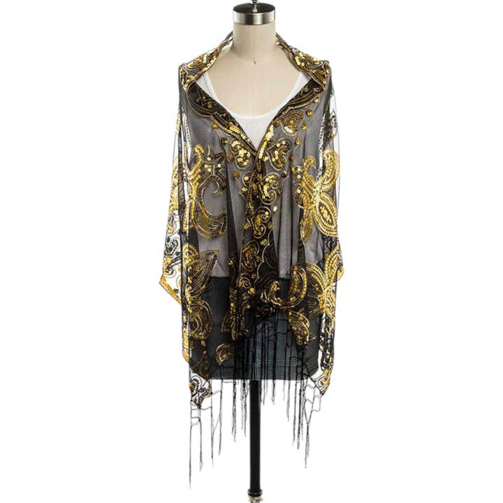 Gold Sequins Fleur De Lis Lace Shawl Scarf for wholesale on Faire1