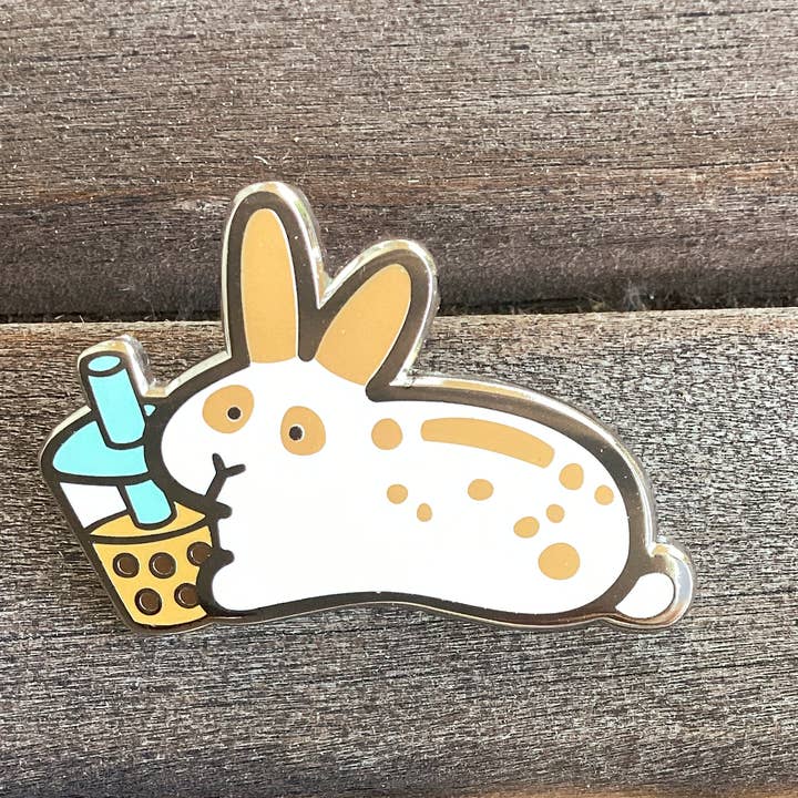 Boba Bunny Pin, Milk Tea Rabbit Pin, Cute Spotted Rabbit Pin for wholesale by Fubini Crafts