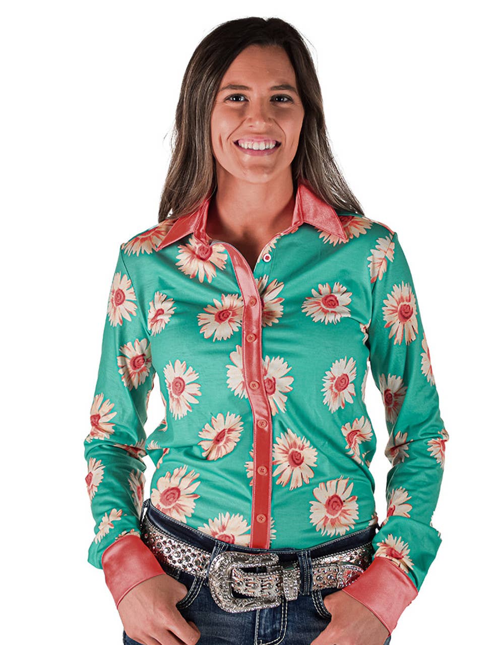 Cowgirl Tuff Co. / B. Tuff Jeans - Wholesale Button Down Shirt - Women's - Pullover Button Up Turquoise Floral Jersey Stretch3