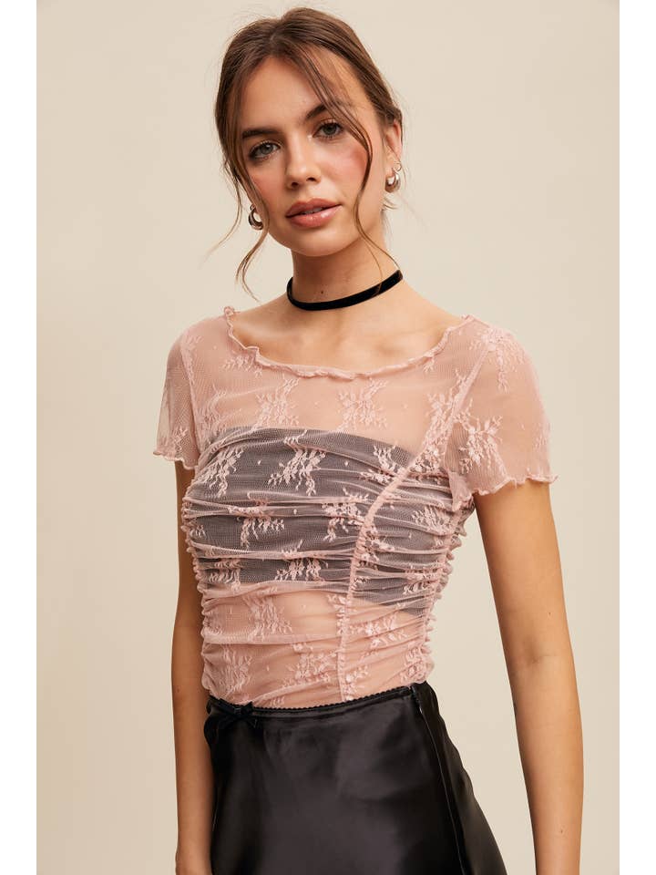 Listicle - Wholesale T-Shirt - Women's - Semi Sheer Floral Mesh Ruched Layering Top