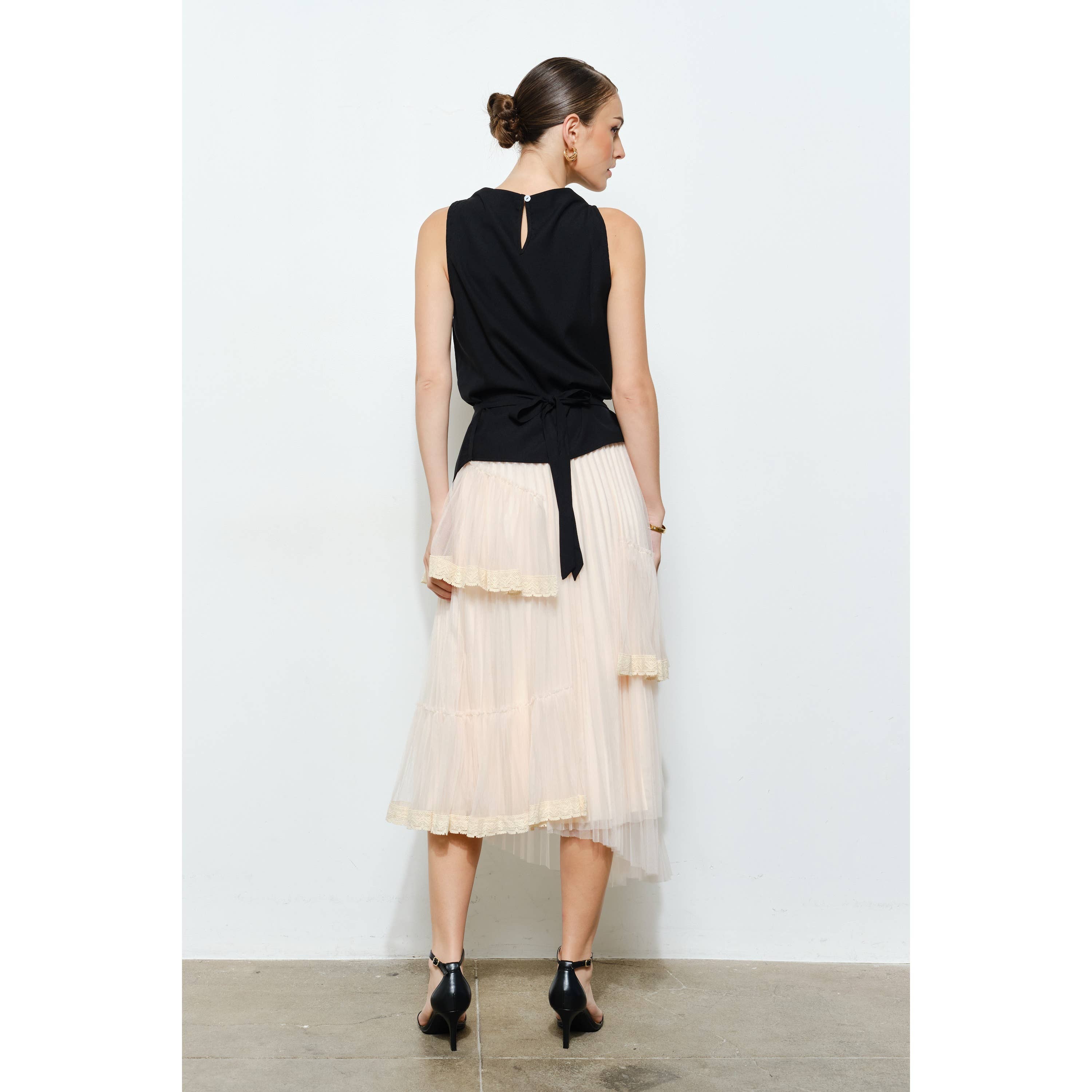 INA - Vente Jupe – femme - Jupe midi superposée élégante avec bordure en dentelle transparente13