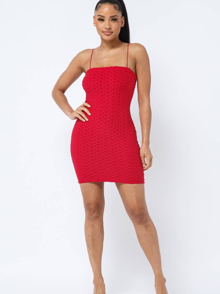 Julia by LoveJ - Wholesale Dress - Women's - Honeycomb Jacquard Spaghetti Strap Basic Bodycon Dress