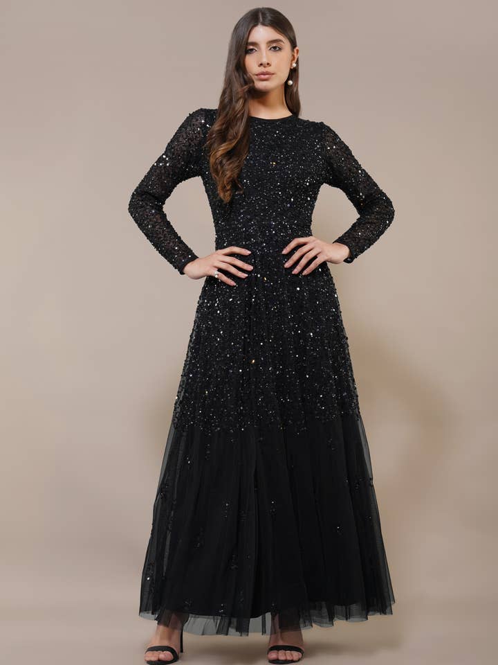 Sila Long Sleeve Embellished Maxi Dress in Black for wholesale by Lace & Beads