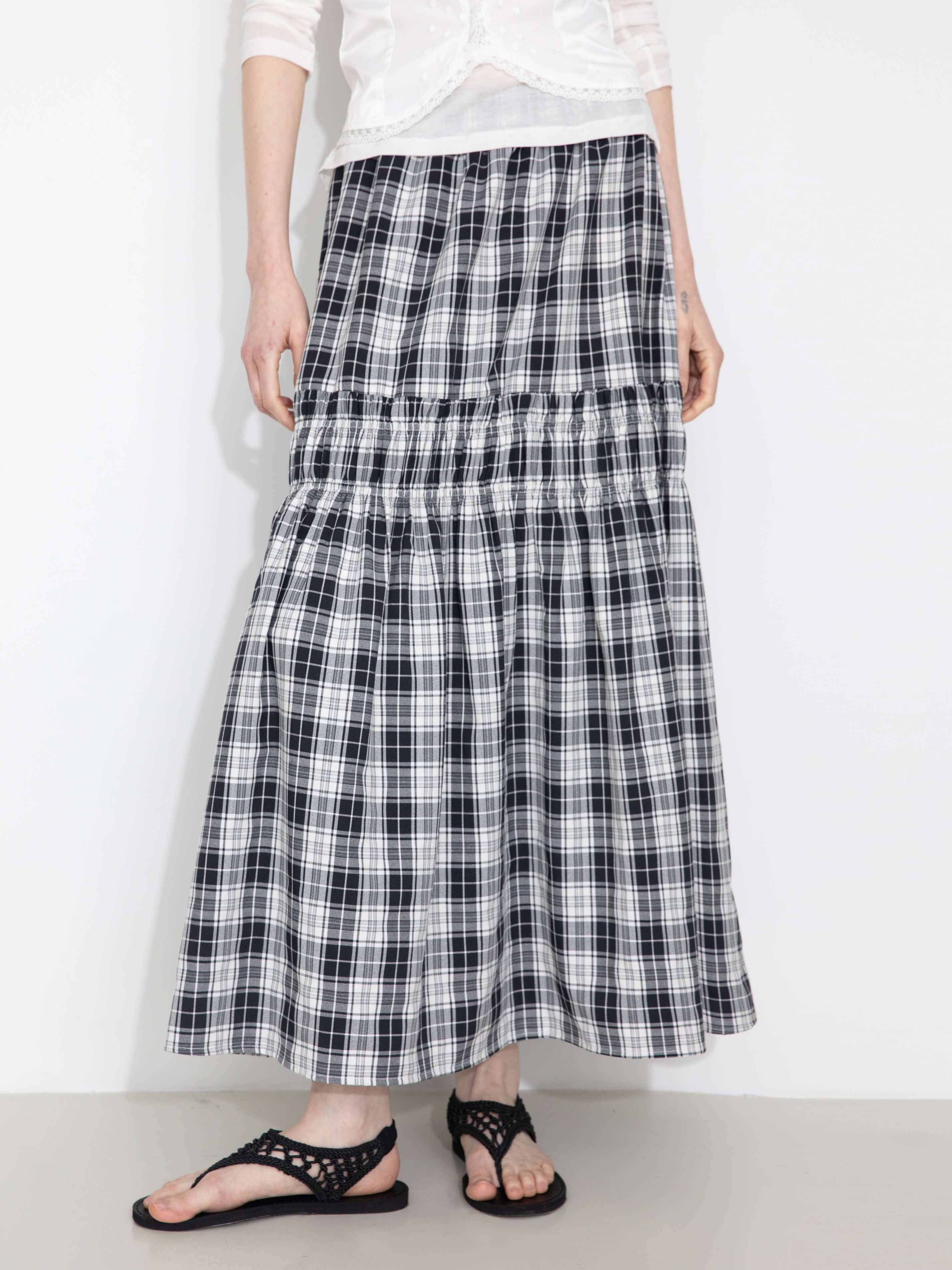 CUBIC - Wholesale Skirt - Women's - Elastic Drawstring High Waist Checked Skirt14