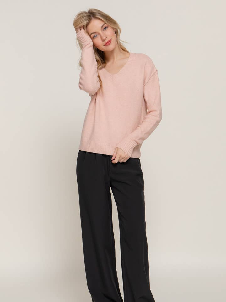 Active Basic | Active USA - Wholesale Knit Sweater - Women's - Long Sleeve V-Neck Raised Seam Detail Sweater